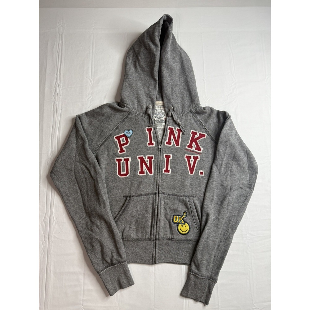 PINK Victoria's Secret Women Hoodie M Gray Embroidered Fleece Campus Drawstrings